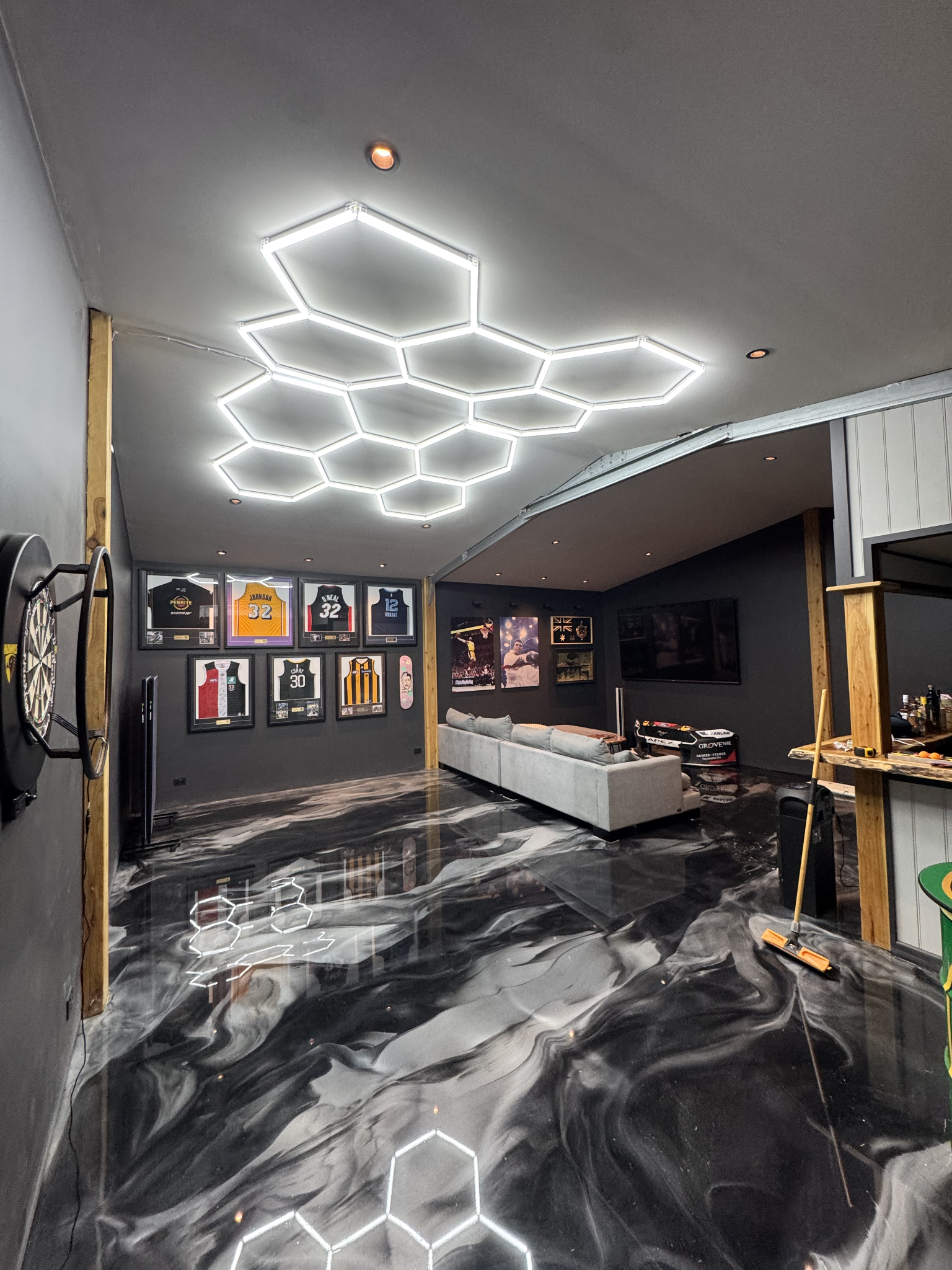 Hexagon ceiling lights in office space – Studio Hex Melbourne